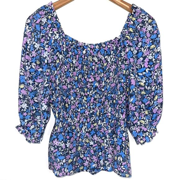 Nanette Lepore Blue Floral Smocked Peasant Blouse Size Small - Picture 6 of 10